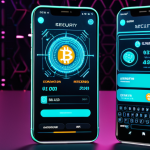 **Digital Wallet Security:** A futuristic, sleek digital wallet app interface on a smartphone, displaying various cryptocurrencies with glowing security shields around them.  Emphasis on "safe" and "protected."  Cyberpunk aesthetic with Thai script subtly incorporated into the background UI.